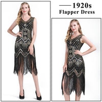 1 x RAW Customer Returns FEPITO 1920s V-Neck Sequin Fringe Dress with 20s Accessories black and gold style 2 , Large  - RRP €38.59