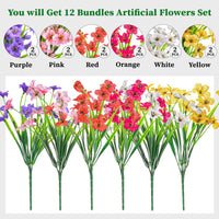 6 x Brand New 12 bundles of artificial flowers for outdoors, artificial flowers outdoor balcony plants, UV-resistant weatherproof plastic flowers decoration, artificial flowers for balcony garden balcony box flower box-white yellow purple - RRP €106.62