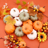 1 x Brand New Artificial Pumpkins,12pcs Assorted Autumn Pumpkins Orange White Pumpkins Autumn Harvest Fake Pumpkins for Halloween Thanksgiving Wedding Party Table Decorations - RRP €10.61