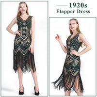 1 x RAW Customer Returns FEPITO 1920s V-Neck Sequin Fringe Dress with Accessories 1920s Green style 3 , Medium  - RRP €38.59