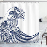 1 x RAW Customer Returns ABAKUHAUS Japanese Wave Shower Curtain, Oriental Vintage, Textile Fabric Bathroom Decoration Set with Hooks, 79 x 87 , Navy Blue White - RRP €26.46