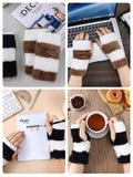 16 x Brand New 2 Pairs Fingerless Knit Gloves Half Finger Winter Gloves with Thumb Hole in Black White Brown Fur Stripe - RRP €187.2