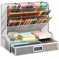 1 x RAW Customer Returns Marbrasse Mesh Desk Organizer Multifunctional Pen Holder Pen Organizer for Desk Storage Rack for School Home Office Art Supplies Silver Pen Holder with Drawer  - RRP €29.23