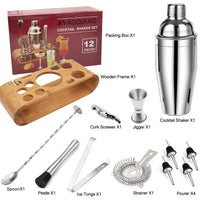 1 x RAW Customer Returns Cocktail set, stainless steel cocktail shaker bar set, 12 piece cocktail mixer set with wooden stand, measuring cup and bar spoon, 750 ml shaker cocktail gift set for home or the bar. 12 pieces  - RRP €22.67