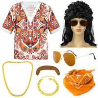 2 x Brand New PLULON 8 Pcs Men 70s Disco Costume Set Hippie V-Neck Drawstring Print Shirt with Wig Bandana Sunglasses Beard Gold Necklace Bracelet Disco Accessories for Party Prom - RRP €38.4