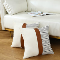 1 x Brand New MYCDXE Cushion Covers 45x45cm Farmhouse Pillow Covers, Cotton Light Brown Faux Leather Square Home Decorative Pillow Case, Set of 2 Stripes Textured Cushion Cover for Sofa Couch Chair Bedroom - RRP €18.14