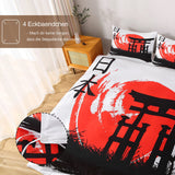 3 x Brand New Japanese Torii 3-piece bed linen 200 x 200 red microfiber duvet cover and pillowcase 80 x 80 with non-iron zipper, Asian style bed linen set black easy-care and breathable - RRP €107.97