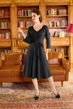 1 x Brand New Belle Poque Women s Dress Vintage 3 4 Sleeve Knee-Length V-Neck Casual Dress with Belt Wedding Black S - RRP €39.42