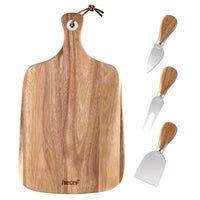 1 x RAW Customer Returns hecef Cheese Board and Knife Set of 4, Includes Acacia Wood Cheese Plate Thin Knife Chisel Knife Cheese Fork, Larger Cheese Board for Serving Cheese, Crackers and Fruit - RRP €26.11