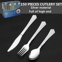 1 x RAW Customer Returns 150pcs Reusable Silver Plastic Cutlery Set,Plastic Forks,Plastic Fork,BPA Free,Passed The LFGB Food Safety Test,50 Plastic Spoons,Knife,Plastic Fork,Party Cutlery - RRP €19.14