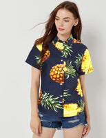 1 x RAW Customer Returns SSLR Women s Blouse Cotton Pineapple Shirt Short Sleeve Hawaii Shirt Summer Blouses for Women Small, Navy  - RRP €23.7