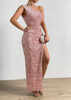 1 x RAW Customer Returns Justchicc Women Sexy One Shoulder Sleeveless Sparkling Sequin Party Dress Maxi Dress Pink Medium - RRP €60.49