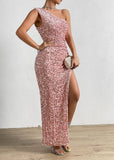 1 x RAW Customer Returns Justchicc Women Sexy One Shoulder Sleeveless Sparkling Sequin Party Dress Maxi Dress Pink Medium - RRP €60.49