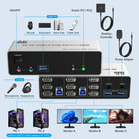 1 x RAW Customer Returns 8K 60Hz Displayport USB 3.0 KVM Switch 3 Monitors 2 Computers, DP 1.4 KVM Switch Triple Monitor with Audio Microphone Output and 3 USB3.0 Ports, Triple Monitor Switch - RRP €131.09