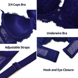 1 x RAW Customer Returns SHEKINI Lingerie Women s Sexy Underwear Push Up Lace Bra with Underwire and Briefs Backless Deep Neckline Lingerie Sets Dark Blue, 6148,80C  - RRP €23.65