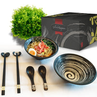 1 x RAW Customer Returns Gl cksKompass Japanese Ramen Bowl Set Made of Ceramic 8 Pieces , Large 20 cm Diameter Bowl soup bowl Asian rice bowl Chinese bowl Thai tableware spoon chopsticks chopsticks - RRP €71.23