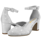 1 x RAW Customer Returns PIZZ ANNU women s pumps with block heel glitter strap pumps elegant wedding shoes ankle strap pumps closed toe cap silver EU 39 - RRP €42.99