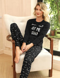 1 x RAW Customer Returns Uniexcosm Pajamas Women Long Pyjama Set Cotton Two-Piece House Suit Nightwear with Cat Print and Polka Dot Pajamas Pants Loungewear Leisure Suit Style 2 Pitch Black XXL - RRP €35.99