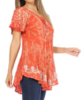 1 x Brand New Sakkas 16482 - Ash Speckled Tiedye Embroidered Cap Sleeve Blouse Top with Embroidery Hem - Brick - OS - RRP €26.21