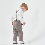 1 x RAW Customer Returns Volunboy Newborn Gentleman Outfits and Coordinates, Bow Shirt and Suspenders Trousers 4 Pieces 6-7 years, Khaki White, Size 140  - RRP €31.2