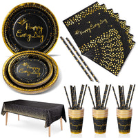 1 x RAW Customer Returns Nkaiso party tableware children s birthday, 126 pieces black gold paper plates children s birthday girl party set with party plates, paper cups, napkins and straws for 25 guests - RRP €20.34