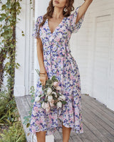 1 x RAW Customer Returns Women s Summer Long Dress V-Neck Short Sleeve Floral Maxi Dress A-Line Ruffle Summer Dress Slit Belt Boho Beach Dress Wrap Dress 2023, B Apricot, M - RRP €39.99