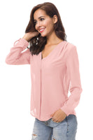 1 x RAW Customer Returns Urban GoCo Women Blouses Long Sleeve Pleated Chiffon V-Neck Pure Color Shirt Blouse L, Pink  - RRP €23.98