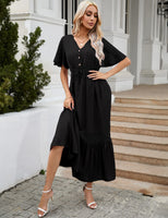 1 x RAW Customer Returns KOJOOIN women s summer dress lace short sleeve maxi dresses boho beach dress long ruffle flounce dress V-neck casual dress with buttons party dress REUSEABLE packaging , A-black, M - RRP €37.2