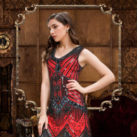 1 x RAW Customer Returns FEPITO 1920s V Neck Sequin Beaded Fringe Dress with 20s Accessories Set Red Style 4 , Medium  - RRP €38.59