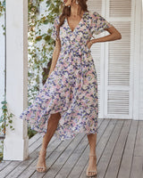 1 x RAW Customer Returns Women s Summer Long Dress V-Neck Short Sleeve Floral Maxi Dress A-Line Ruffle Summer Dress Slit Belt Boho Beach Dress Wrap Dress 2023, B Apricot, M - RRP €34.27