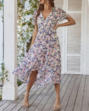 1 x RAW Customer Returns Women s Summer Long Dress V-Neck Short Sleeve Floral Maxi Dress A-Line Ruffle Summer Dress Slit Belt Boho Beach Dress Wrap Dress 2023, B Apricot, M - RRP €39.99