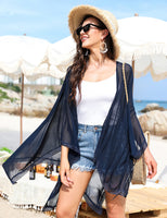 10 x Brand New Irevial Summer Cardigan Ladies Lightweight Beach Jacket Women L Bikini Cover Loose Cardigan With Lace 3 4 Sleeve Casual Boho Beach Poncho Pareo Beachwear Navy Blue - RRP €100.7