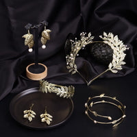 1 x RAW Customer Returns Kakonia 7pcs Greek Goddess Costume for Women Greek Goddess Accessories Golden Leaves Pearl Crown Headband Upper Arm Cuff Pearl Leaf Earring Headpiece Egyptian Goddess Costume Jewelry - RRP €18.83