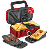 1 x RAW Customer Returns Sandwich maker 3 in 1, 1200W waffle iron contact grill sandwich toaster, 5-speed temperature control, non-stick plate sets, heat-insulated handle, dishwasher-safe, LED lights, red - RRP €69.99