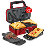 1 x RAW Customer Returns Sandwich maker 3 in 1, 1200W waffle iron contact grill sandwich toaster, 5-speed temperature control, non-stick plate sets, heat-insulated handle, dishwasher-safe, LED lights, red - RRP €69.99