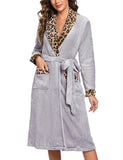 1 x RAW Customer Returns Marvmys bathrobe women s long-sleeved fleece dressing gown with leopard print shawl collar women s flannel sauna robe fluffy kimono robe with pockets and tie belt L light grey yellow leopard print - RRP €36.99