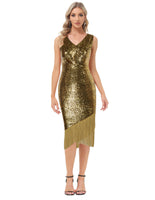 1 x RAW Customer Returns Belle Poque 1920s Dress Women s Cocktail Dress Sleeveless V-Neck Rockabilly Sequin Dress with Fringes Gold XL - RRP €49.99