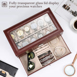 1 x RAW Customer Returns ProCase 2 layers watch box jewelry watch storage box with glass lid, watch box jewelry box watch case 12 compartments and 1 drawer for watches, rings, bracelets - brown - RRP €40.8