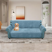 1 x Brand New Granbest Super Thick Velvet Sofa Cover 3 Seater Anti-Slip Durable Couch Cover with Elastic Strap 4 Seasons Universal Sofa Protector for Kids, Pets, Dogs, Cats 3 Seater, Azure Blue  - RRP €46.38