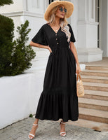 1 x RAW Customer Returns KOJOOIN women s summer dress lace short sleeve maxi dresses boho beach dress long ruffle flounce dress V-neck casual dress with buttons party dress REUSEABLE packaging , A-black, XL - RRP €37.2