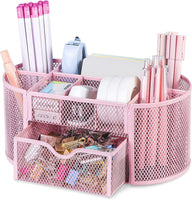 1 x RAW Customer Returns POPRUN Kids Desk Organizer Girls Pen Holder Table Pen Organizer with Drawer Made of Metal Mesh for Office and School Pink  - RRP €18.24