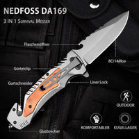 1 x RAW Customer Returns NedFoss DA169 folding knife, 9.5 CM pocket knife with belt cutter glass breaker bottle opener, one-hand knife with liner lock ball bearing, rescue knife for car, survival rescue knife outdoor - RRP €32.24