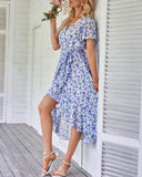 1 x RAW Customer Returns Women s Summer Long Dress V-Neck Short Sleeve Floral Maxi Dress A-Line Ruffle Summer Dress Slit Belt Boho Beach Dress Wrap Dress 2023, B Purple, M - RRP €34.27