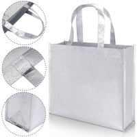 1 x RAW Customer Returns 12 Large gift bags with handles, nonwoven stylish tote bags for birthdays, weddings, gift wrapping parties, reusable shiny shopping bags silver  - RRP €18.59