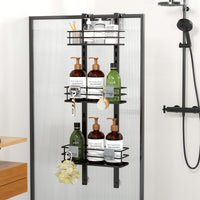 1 x RAW Customer Returns Orimade Hanging Shower Shelf Adjustable, Shower Shelf without Drilling with Hooks, 3 Pieces Hanging Shelf Shower Basket for Frameless Glass Door Black - RRP €31.25