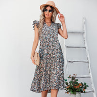 1 x RAW Customer Returns Jiraewh Women s Summer Dresses Cap Sleeves Floral V-Neck High Waist Casual Midi Dresses Bohemian Beach Party Dresses 5070-BKS  - RRP €20.16