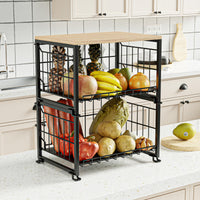 1 x RAW Customer Returns UMDONX wire basket with wooden lid, 2 tier fruit basket, fruit bowl, stackable kitchen counter, organizer for snacks, fruits and vegetables black  - RRP €32.0