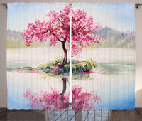 1 x RAW Customer Returns ABAKUHAUS Sakura Rustic Curtain, Japanese Cherry Tree, Bedroom Gathering Tape Curtain with Tabs and Hooks, 110 x 96 , Pink Green - RRP €52.39