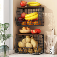 1 x RAW Customer Returns Mefirt Fruit Basket Hanging 2 Tier Fruit Basket, Fruit Bowl Hanging Basket Kitchen, Set of 2 Kitchen Organizer with Wooden Lid Wire Basket Stackable Wall Mountable for Storing Vegetables, Fruit and Snacks - RRP €45.99