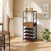 1 x RAW Customer Returns HOOBRO Wine Rack, 6-Tier Freestanding Wine Rack with Drawer, 16 Bottles Wine Rack with Glass Holder, Wine Bottle Rack and Hooks, Countertop Wine Rack, Vintage Brown and Black EBF10JJ01 - RRP €60.0